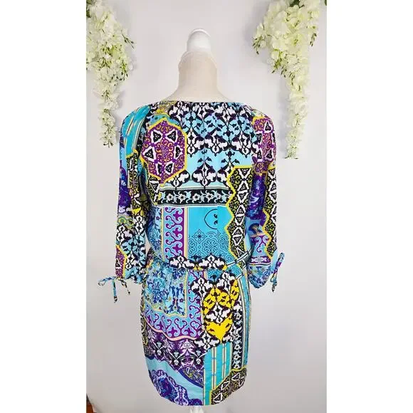Cache Mini Blouson Dress Small Blue Purple Patchwork Boho Y2K Eclectic Artsy - Picture 2 of 11